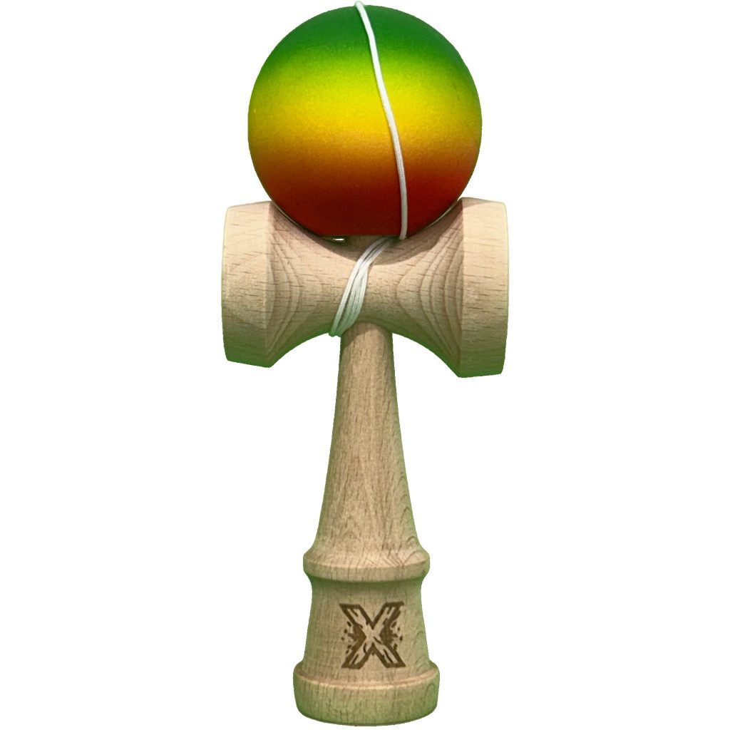 Kendama X Originala, Profesionala, Flippy, din Lemn cu Bila Cauciucata, 18 cm, Gradient Verde/Galben/Rosu