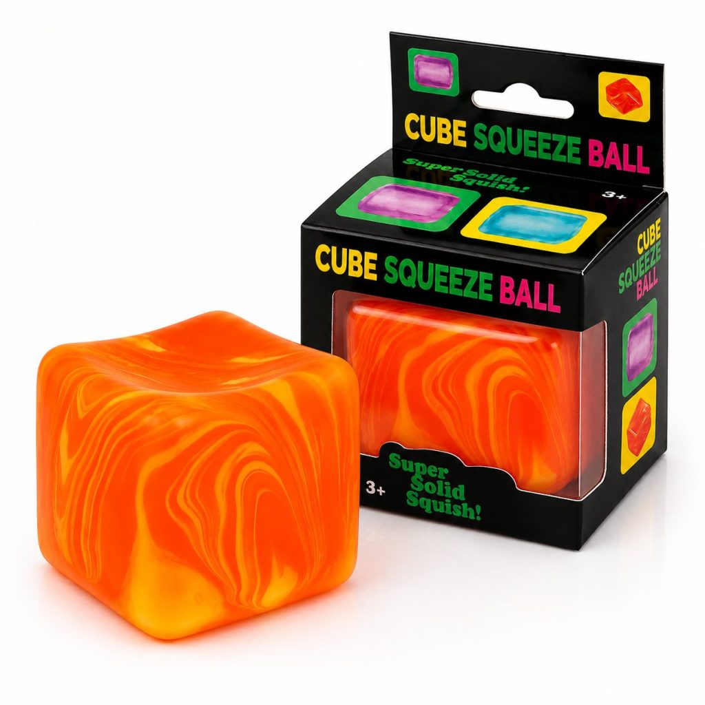 Jucarie Squishy tip Needoh in Forma de Cub de Gheata, Flippy, Model Linii Flow din Maltoza, Antistres Senzoriala Comprimabila cu Revenire Lenta, 5.5x5.5x5.5 cm, 180 g, Portocaliu