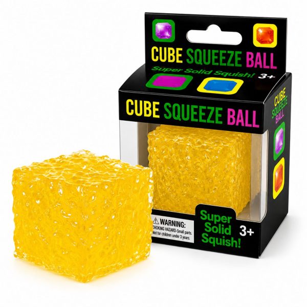 Jucarie Squishy tip Needoh in Forma de Cub, Flippy, Model cu Striatii, Antistres Senzoriala Comprimabila cu Revenire, 5x5x5 cm, 180 g, Galben