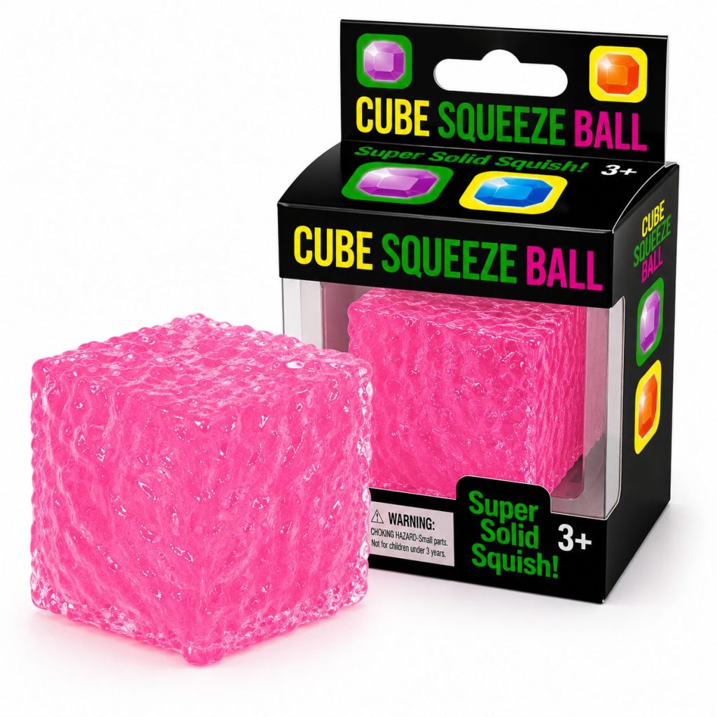 Jucarie Squishy tip Needoh in Forma de Cub, Flippy, Model cu Striatii, Antistres Senzoriala Comprimabila cu Revenire, 5x5x5 cm, 180 g, Roz