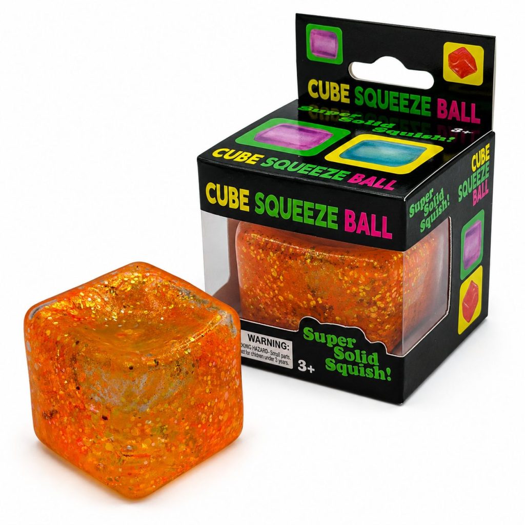 Jucarie Squishy tip Needoh in Forma de Cub, Flippy, Model Cub de Gheata cu Sclipici Magic din Maltoza, Antistres Senzoriala Comprimabila cu Revenire Lenta, 5 cm, 140 g, Portocaliu