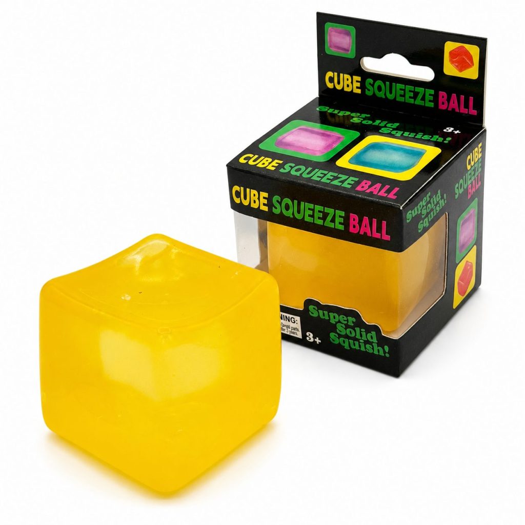 Jucarie Squishy tip Needoh in Forma de Cub, Flippy, Model Cub de Gheata Transparent, Antistres Senzoriala Comprimabila cu Revenire, 5x5x5 cm, 135 g, Galben