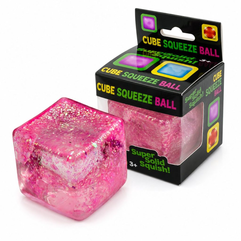 Jucarie Squishy tip Needoh in Forma de Cub, Flippy, Model Ice Cube cu Sclipici Magic, Antistres Senzoriala Comprimabila cu Revenire Lenta, 4.5x4.5 cm, 110 g, Roz