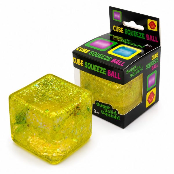 Jucarie Squishy tip Needoh in Forma de Cub, Flippy, Model Ice Cube cu Sclipici Magic, Antistres Senzoriala Comprimabila cu Revenire Lenta, 4.5x4.5 cm, 110 g, Galben