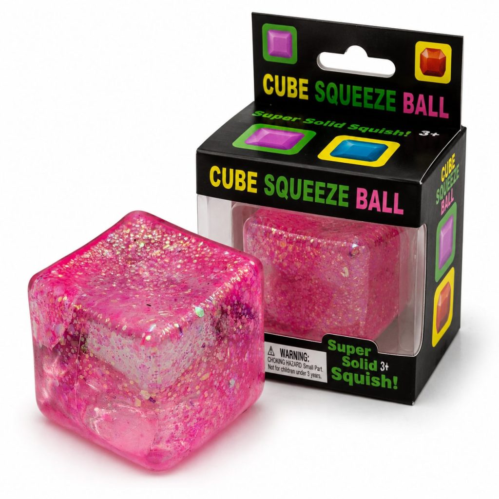 Jucarie Squishy tip Needoh in Forma de Cub, Flippy, Model Ice Cube din Maltoza cu Sclipici, Antistres Senzoriala Comprimabila cu Revenire Lenta, 5x5 cm, 145 g, Roz