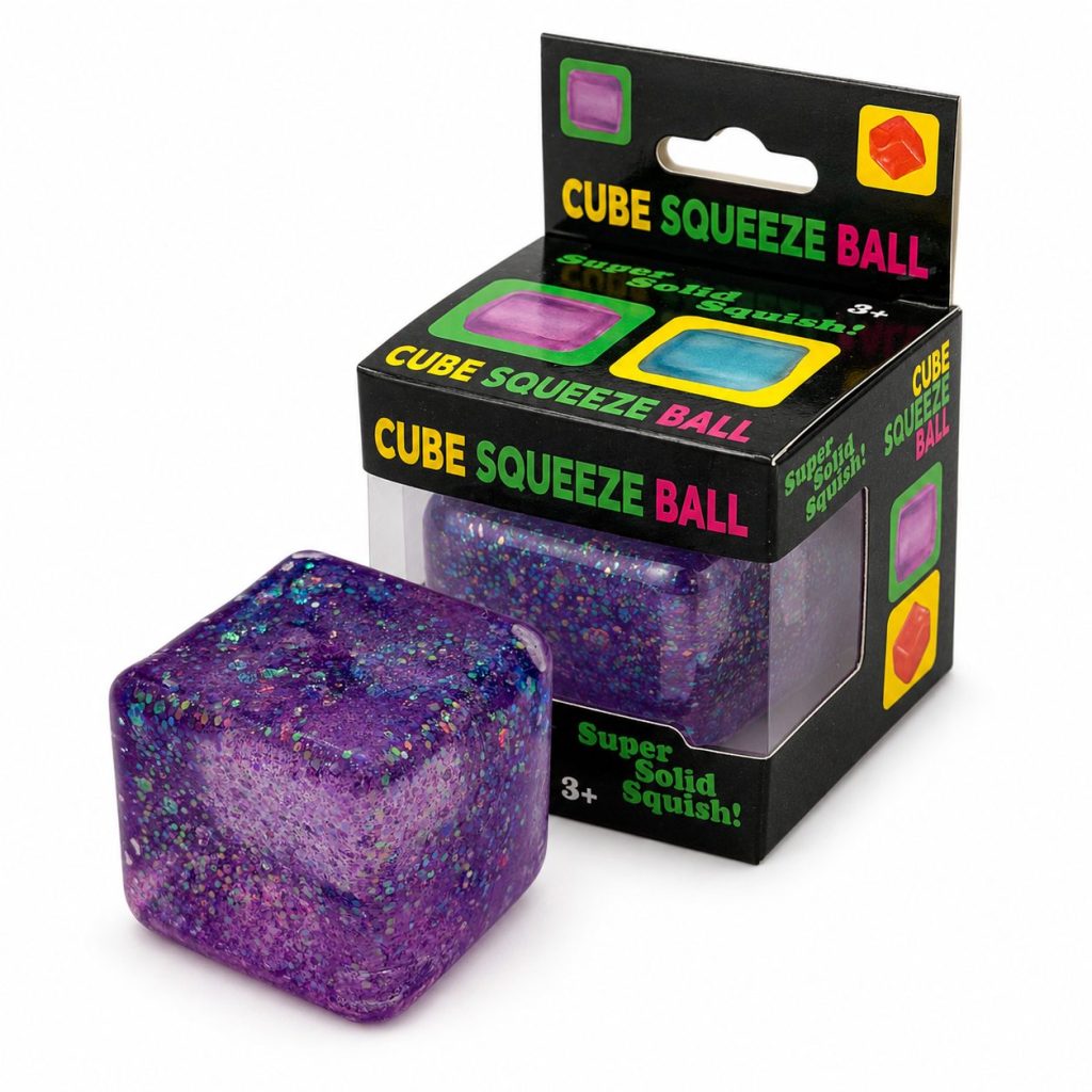 Jucarie Squishy tip Needoh in Forma de Cub, Flippy, Model Ice Cube din Maltoza cu Sclipici, Antistres Senzoriala Comprimabila cu Revenire Lenta, 5x5 cm, 145 g, Mov