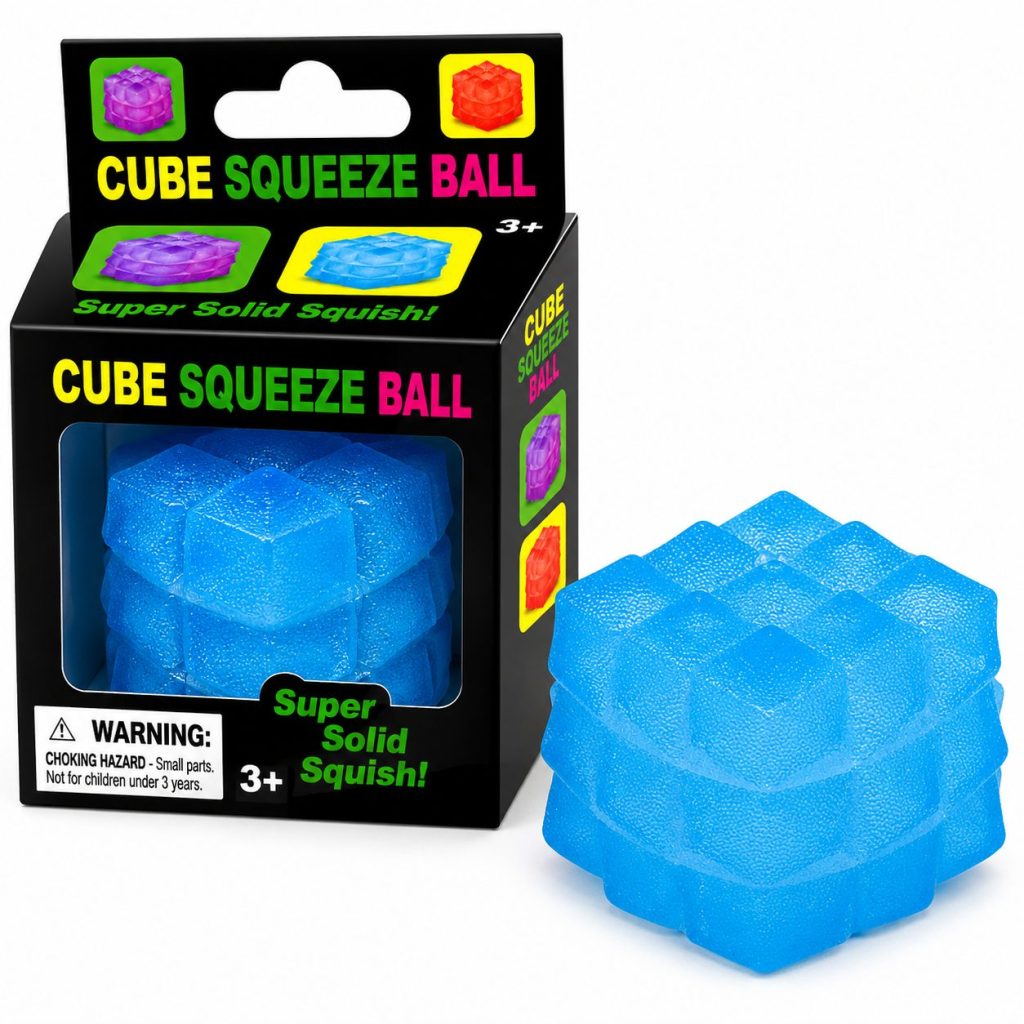 Jucarie Squishy tip Needoh in Forma de Cub, Flippy, Model Sculptat cu Striatii, Antistres Senzoriala Comprimabila cu Revenire Lenta, 5 cm, 135 g, Albastru
