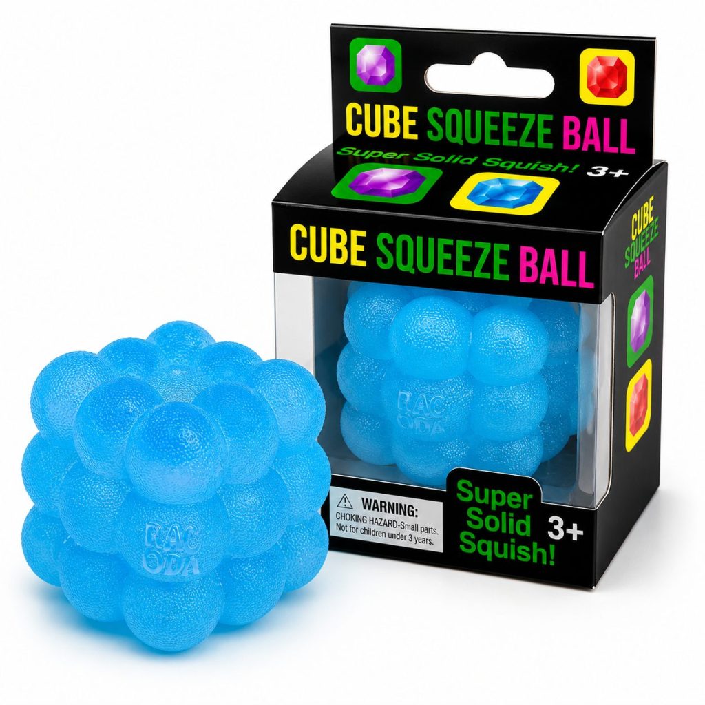 Jucarie Squishy tip Needoh in Forma de Cub, Flippy, Model Sculptat cu Striatii, Antistres Senzoriala Comprimabila cu Revenire Lenta, 5 cm, 180 g, Albastru
