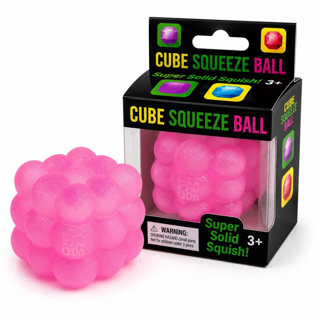 Jucarie Squishy tip Needoh in Forma de Cub, Flippy, Model Sculptat cu Striatii, Antistres Senzoriala Comprimabila cu Revenire Lenta, 5 cm, 180 g, Roz