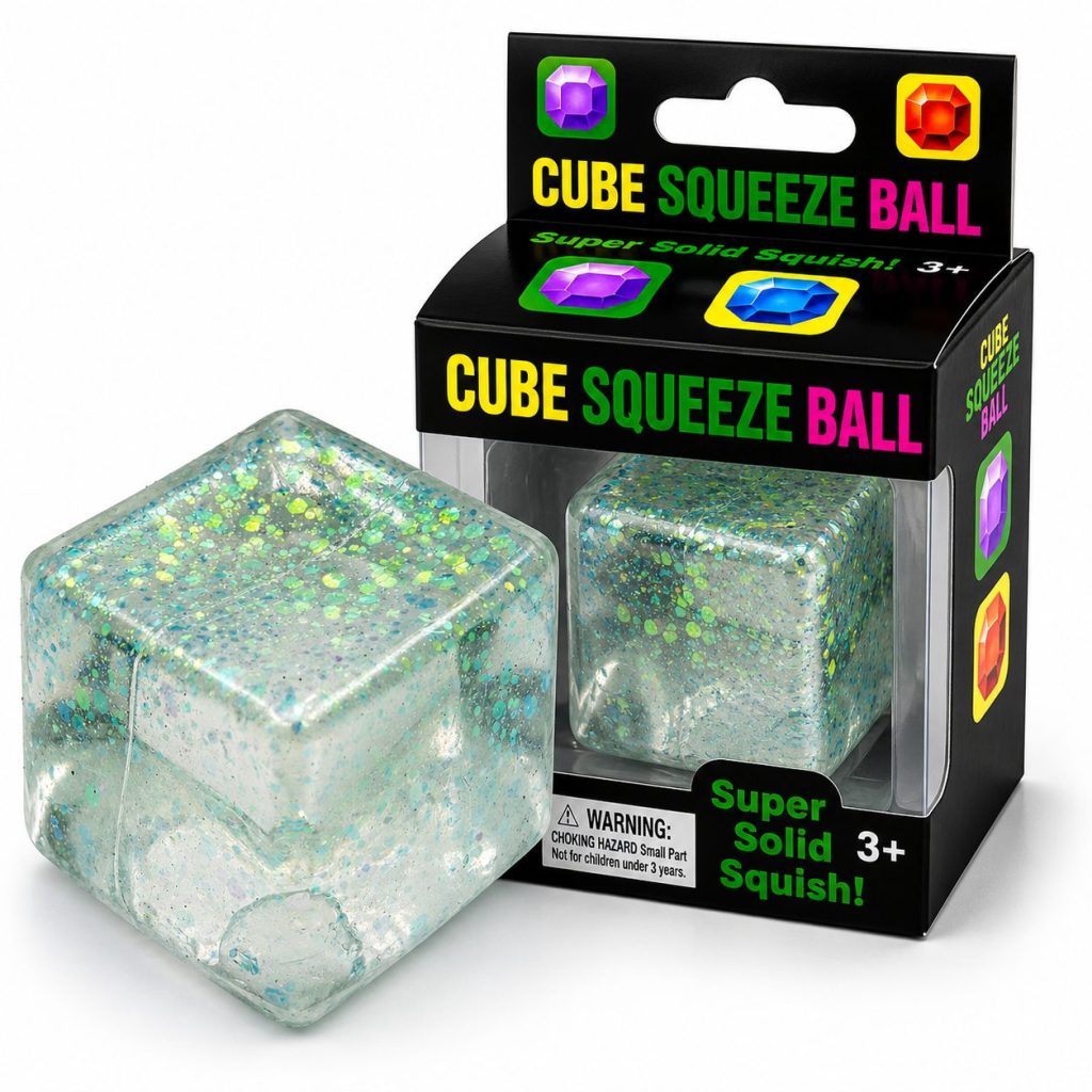 Jucarie Squishy tip Needoh in Forma de Cub, Flippy, Model Squish Stretch Ball cu Sclipici, Antistres Senzoriala Comprimabila cu Revenire Lenta, 5x5x5 cm, 150 g, Albastru