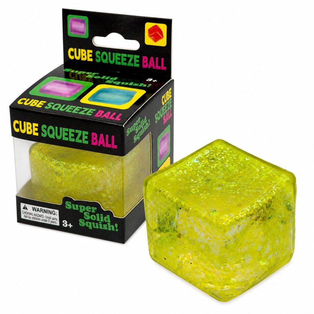 Jucarie Squishy tip Needoh in Forma de Cub, Flippy, Model Squish Stretch Ball cu Sclipici, Antistres Senzoriala Comprimabila cu Revenire Lenta, 5x5x5 cm, 150 g, Galben