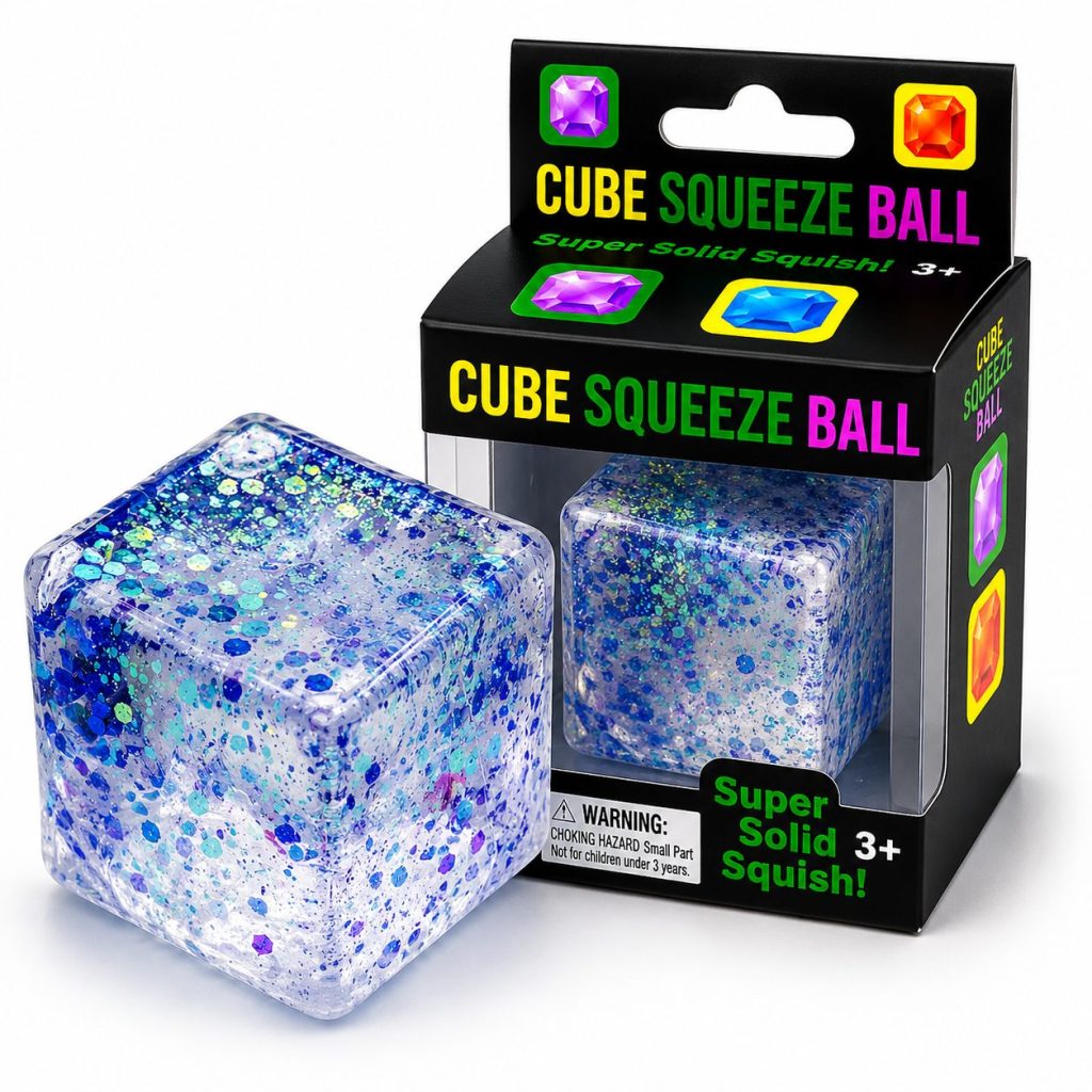 Jucarie Squishy tip Needoh in Forma de Cub, Flippy, Model Squish Stretch Ball cu Sclipici, Antistres Senzoriala Comprimabila cu Revenire Lenta, 5x5x5 cm, 150 g, Mov