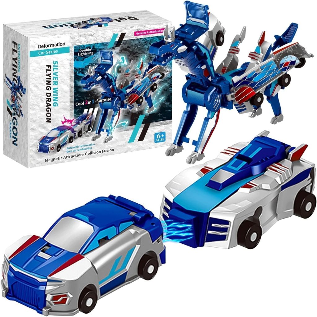 Jucarie Transformabila 2in1, Flippy, Silver Wing Flying Dragon, Masina/Dragon, Atractie Magnetica, +6 Ani, din ABS, Albastru
