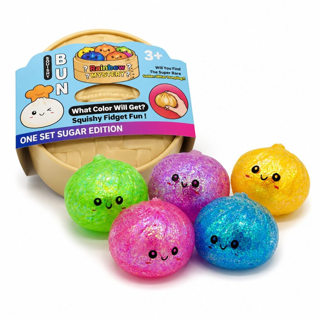 Squishy Dumpling Antistres, Flippy, Model Fata Zambitoare din Maltoza cu Sclipici si bile de Hidrogen, Comprimabil cu Revenire Lenta, 5.5 x 5.5 x 5.5 cm, 120 gr, Culoare Surpriza Mix