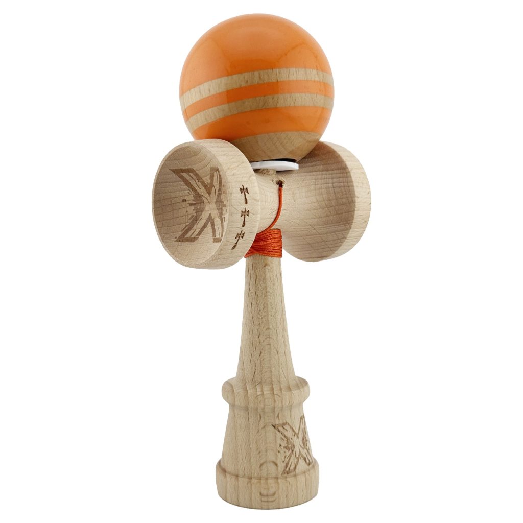 Kendama X Originala RAINBOW, Profesionala, Flippy, Cupe Mari KING SIZE V3, Super Sticky, Gaura in Baza, Rulment Metalic, din lemn 18 cm, Ata 62/65 cm, Portocaliu/Maro