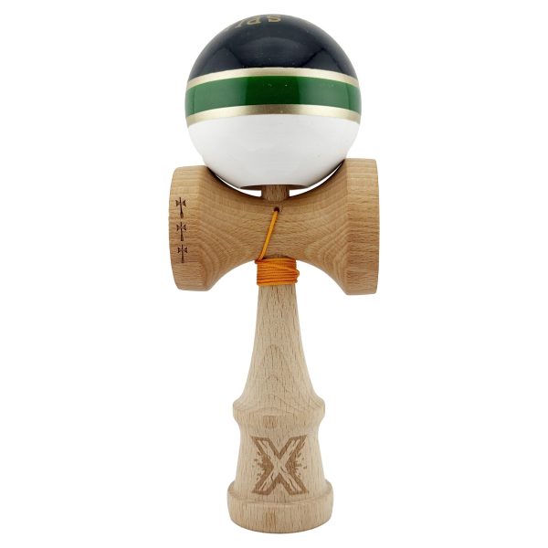 Kendama X ROYAL SPIKE Originala, Profesionala, Flippy, Big Cups V2, Super Sticky cu Cupe Mari, Rulment Metalic, din lemn 18 cm, Ata 55 cm, Negru/Verde Gold/Alb