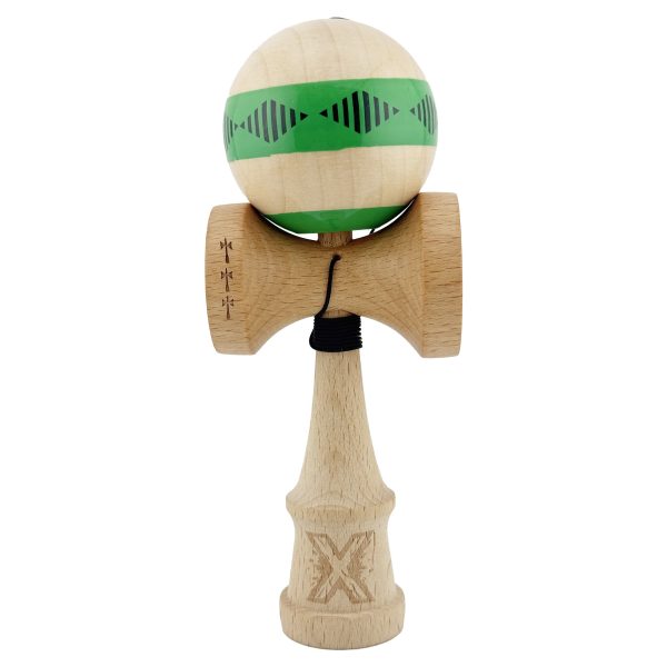 Kendama X FREQUENCY Originala, Profesionala, Flippy, Big Cups V2, Super Sticky cu Cupe Mari, Rulment Metalic, din lemn 18 cm, Ata 55 cm, Verde/Maro