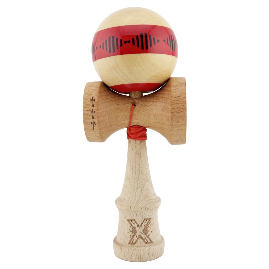 Kendama X FREQUENCY Originala, Profesionala, Flippy, Big Cups V2, Super Sticky cu Cupe Mari, Rulment Metalic, din lemn 18 cm, Ata 55 cm, Rosu/Maro