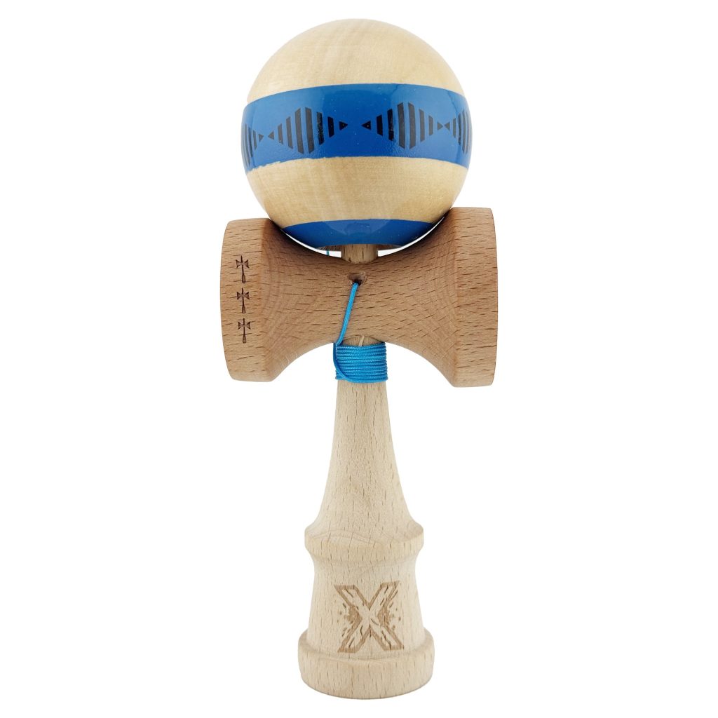 Kendama X FREQUENCY Originala, Profesionala, Flippy, Big Cups V2, Super Sticky cu Cupe Mari, Rulment Metalic, din lemn 18 cm, Ata 55 cm, Albastru/Maro