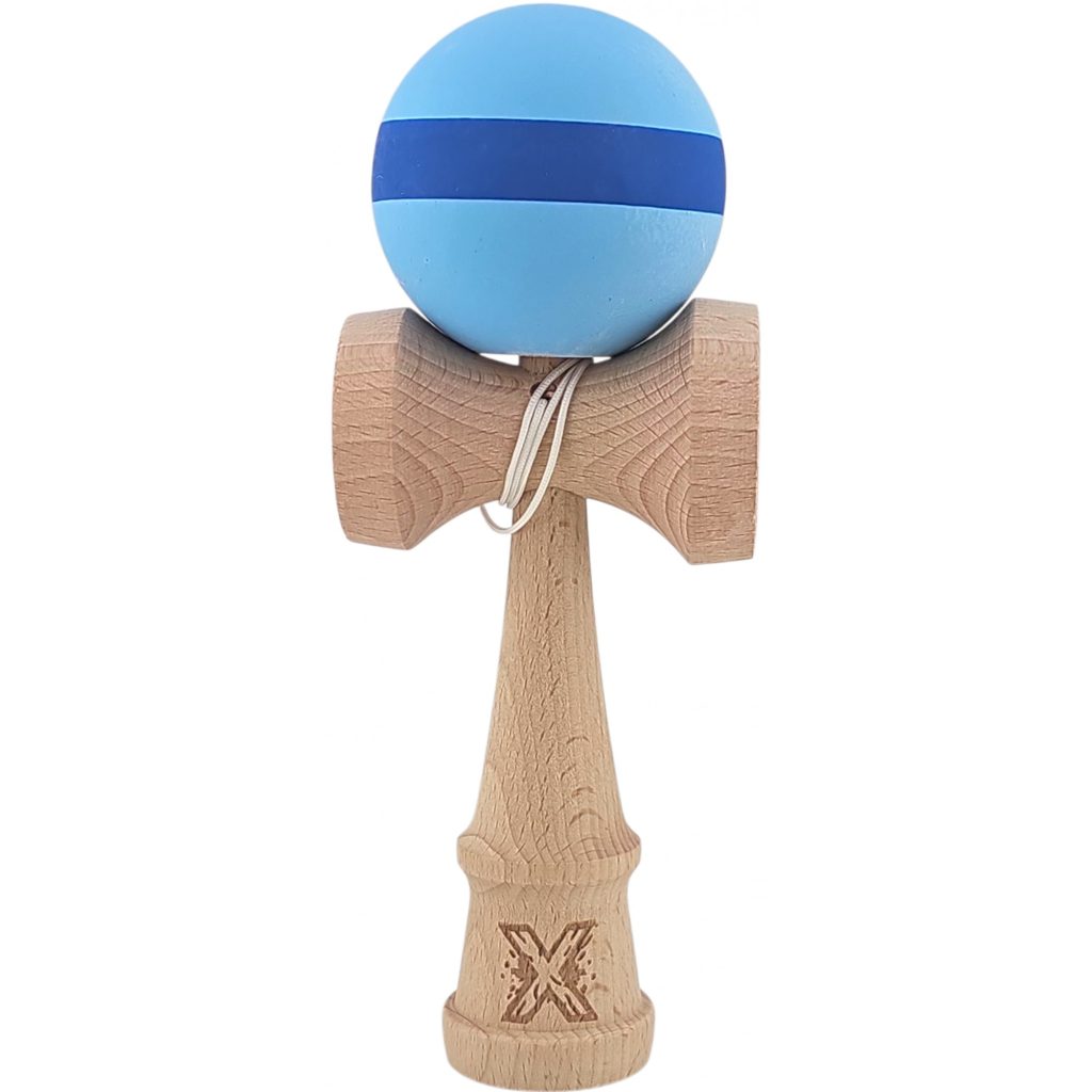 Kendama X Originala, Profesionala, Flippy, 18 cm din Lemn, Model cu Dunga, Bleu/Albastru
