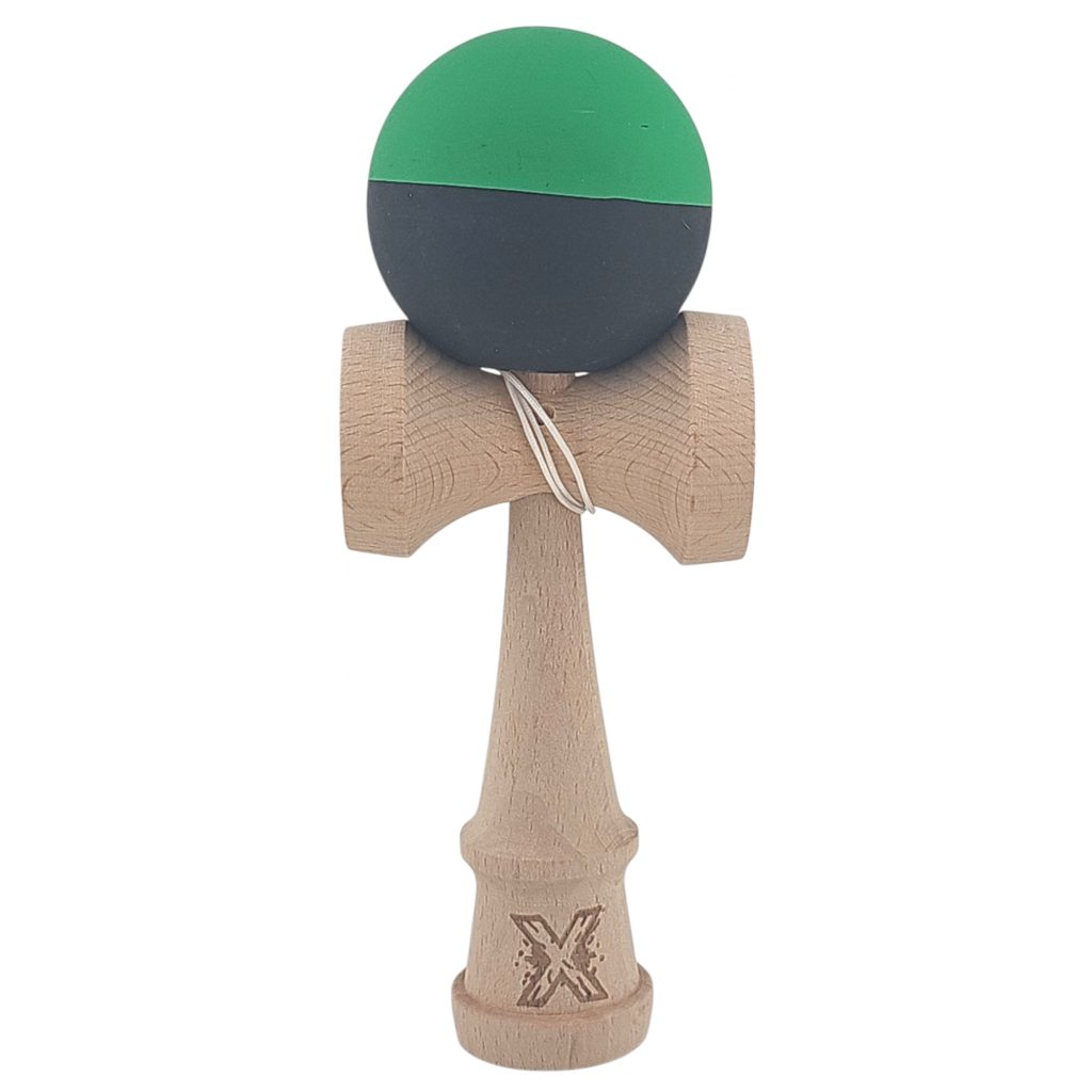 Kendama X Originala, Profesionala, Flippy, 18 cm, din Lemn, Verde/Negru