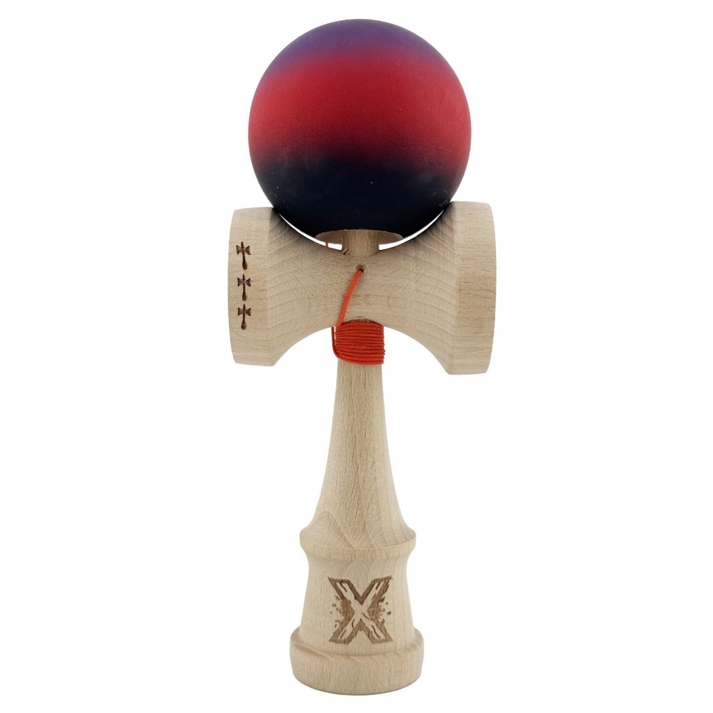 Kendama X Originala, Profesionala, Flippy, Big Cups V2, Rubber Grip cu Cupe Mari, Rulment Metalic cu Ata 55 cm, Mov/Rosu/Negru