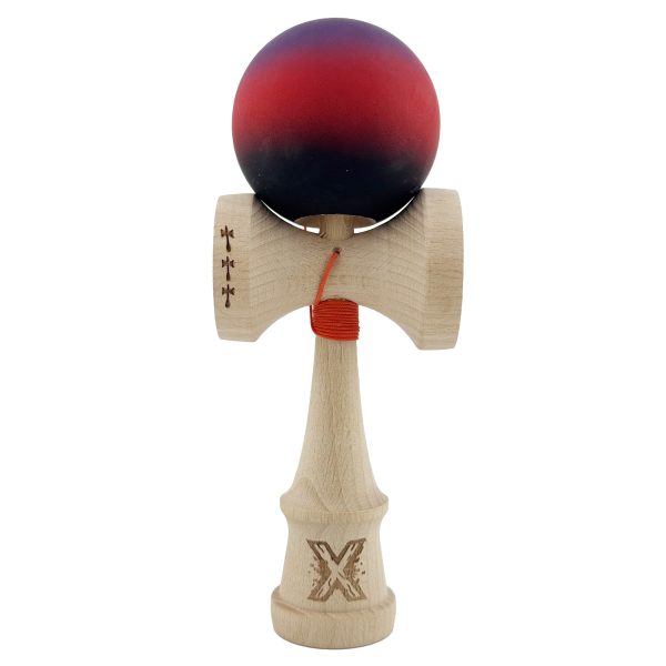 Kendama X Originala, Profesionala, Flippy, Big Cups V2, Rubber Grip cu Cupe Mari, Rulment Metalic cu Ata 55 cm, Mov/Rosu/Negru