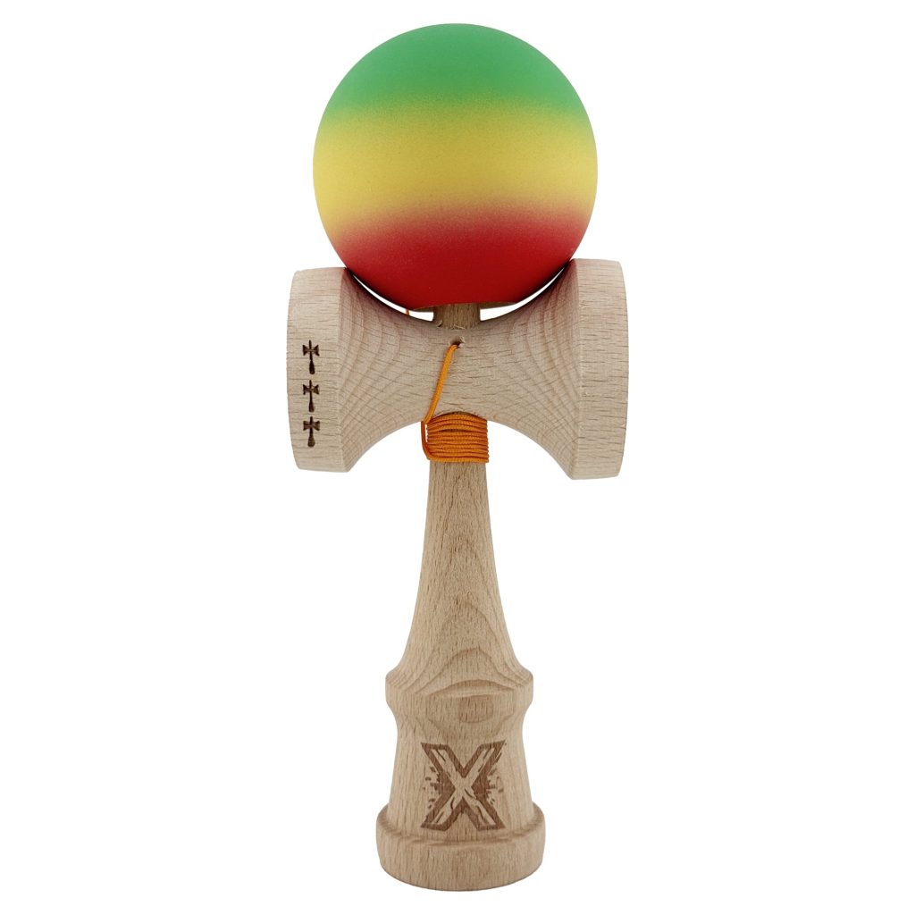 Kendama X Originala, Profesionala, Flippy, Big Cups V2, Rubber Grip cu Cupe Mari, Rulment Metalic cu Ata 55 cm, Verde/Galben/Rosu
