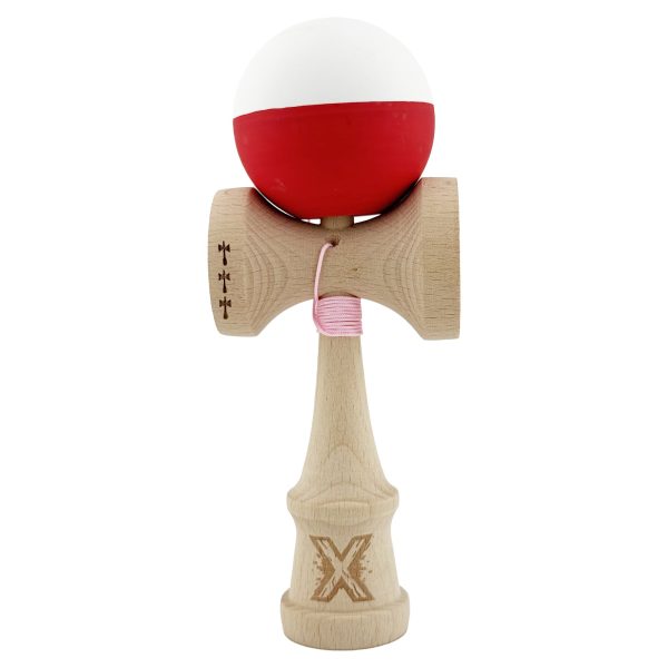 Kendama X Originala, Profesionala, Flippy, Big Cups V2, Rubber Grip cu Cupe Mari, Rulment Metalic cu Ata 55 cm, Alb/Rosu