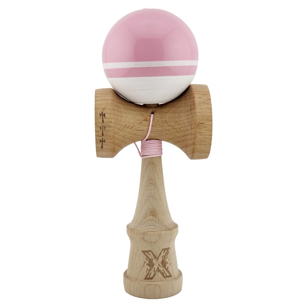 Kendama X Originala, Profesionala, Flippy, Big Cups V2, Super Sticky cu Cupe Mari, din lemn 18 cm, Rulment Metalic cu Ata 55 cm, Roz/Alb