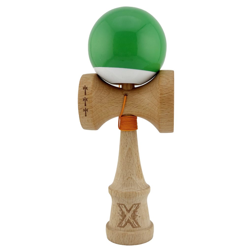 Kendama X Originala, Profesionala, Flippy, Big Cups V2, Super Sticky cu Cupe Mari, din lemn 18 cm, Rulment Metalic cu Ata 55 cm, Verde/Alb