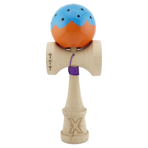 Kendama X Originala, Profesionala, Flippy, Big Cups V2, Super Sticky cu Cupe Mari, din lemn 18 cm, Rulment Metalic cu Ata 55 cm, Albastru/Portocaliu