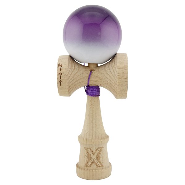 Kendama X Originala, Profesionala, Flippy, Big Cups V2, Super Sticky cu Cupe Mari, din lemn 18 cm, Rulment Metalic cu Ata 55 cm, Mov/Alb