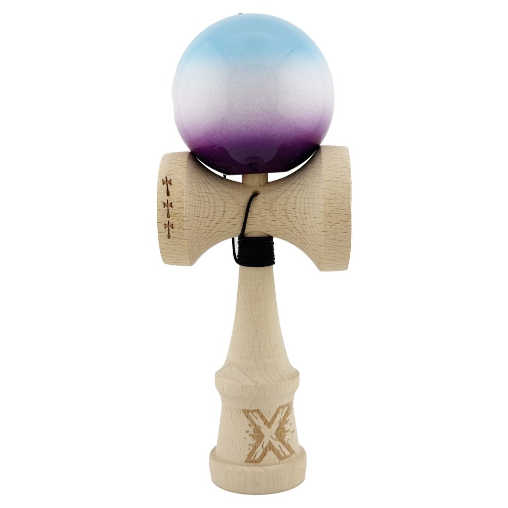 Kendama X Originala, Profesionala, Flippy, Big Cups V2, Super Sticky cu Cupe Mari, din lemn 18 cm, Rulment Metalic cu Ata 55 cm, Albastru/Alb/Mov