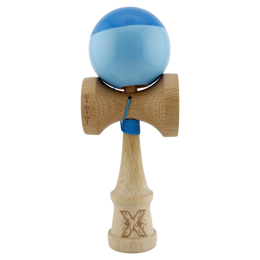 Kendama X Originala, Profesionala, Flippy, Big Cups V2, Super Sticky cu Cupe Mari, Rulment Metalic, din lemn 18 cm, Ata 55 cm, Albastru/Bleu