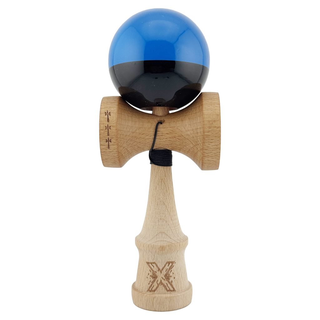 Kendama X Originala, Profesionala, Flippy, Big Cups V2, Super Sticky cu Cupe Mari, Rulment Metalic, din lemn 18 cm, Ata 55 cm, Albastru/Negru