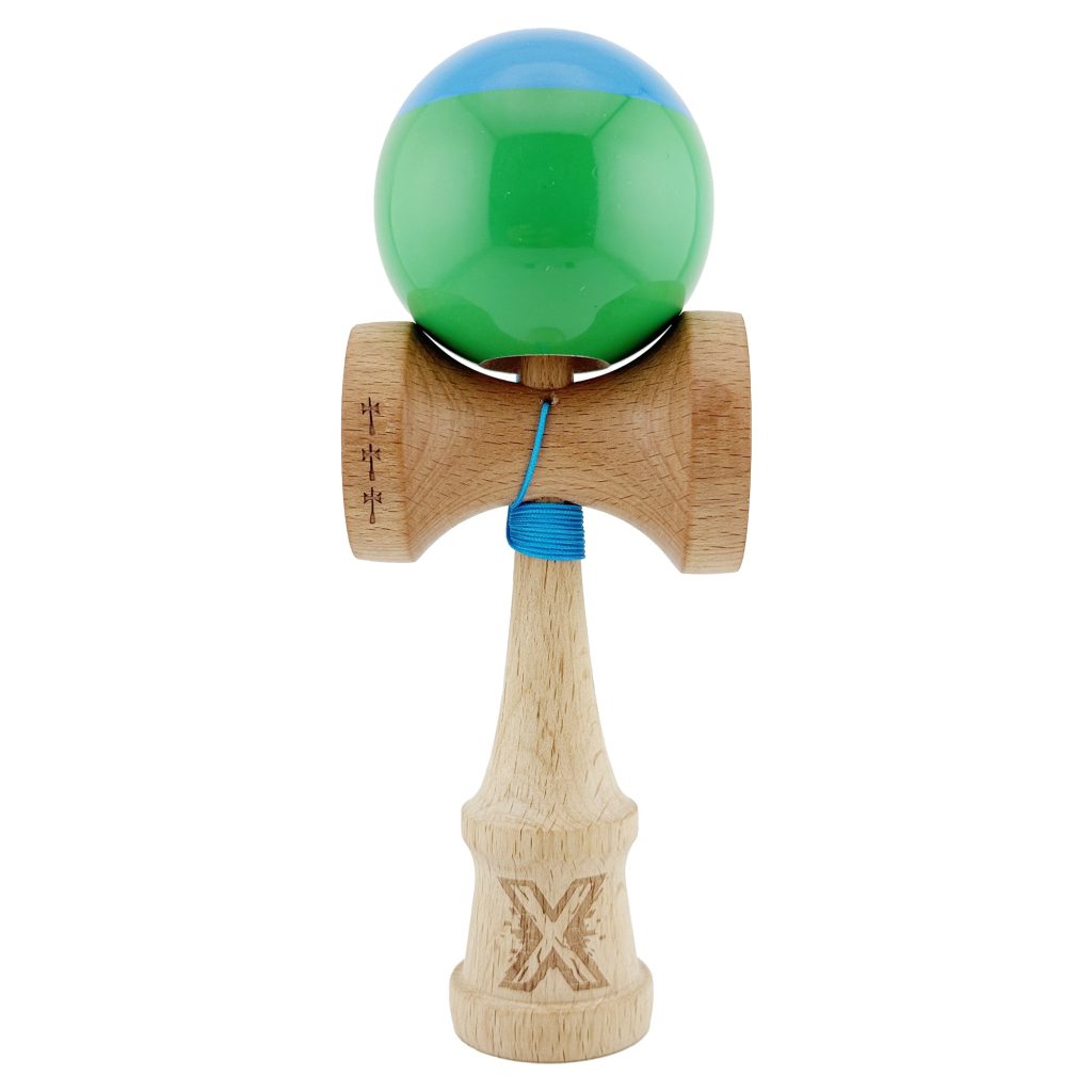Kendama X Originala, Profesionala, Flippy, Big Cups V2, Super Sticky cu Cupe Mari, Rulment Metalic, din lemn 18 cm, Ata 55 cm, Albastru/Verde