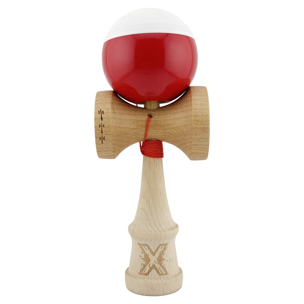 Kendama X Originala, Profesionala, Flippy, Big Cups V2, Super Sticky cu Cupe Mari, Rulment Metalic, din lemn 18 cm, Ata 55 cm, Alb/Rosu