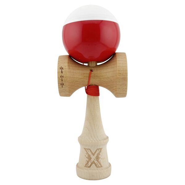 Kendama X Originala, Profesionala, Flippy, Big Cups V2, Super Sticky cu Cupe Mari, Rulment Metalic, din lemn 18 cm, Ata 55 cm, Alb/Rosu