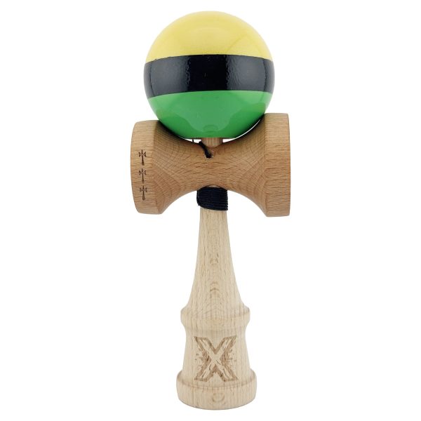 Kendama X Originala, Profesionala, Flippy, Big Cups V2, Super Sticky cu Cupe Mari, Rulment Metalic, din lemn 18 cm, Ata 55 cm, Galben/Negru/Verde