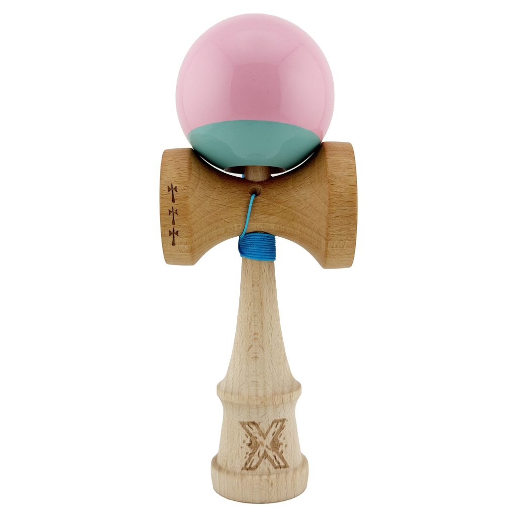 Kendama X Originala, Profesionala, Flippy, Big Cups V2, Super Sticky cu Cupe Mari, Rulment Metalic, din lemn 18 cm, Ata 55 cm, Roz/Verde