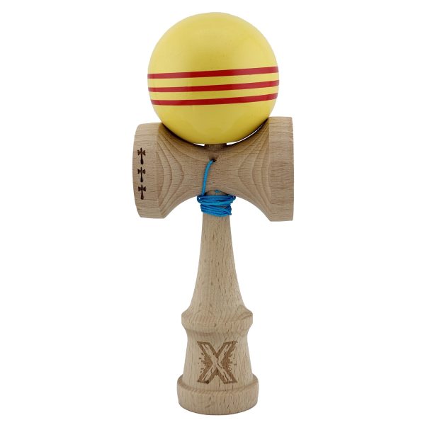 Kendama X Originala, Profesionala, Flippy, Big Cups V2, Super Sticky Legendary Cupe Mari, Rulment Metalic cu Ata 55 cm, Galben/Linii Rosii