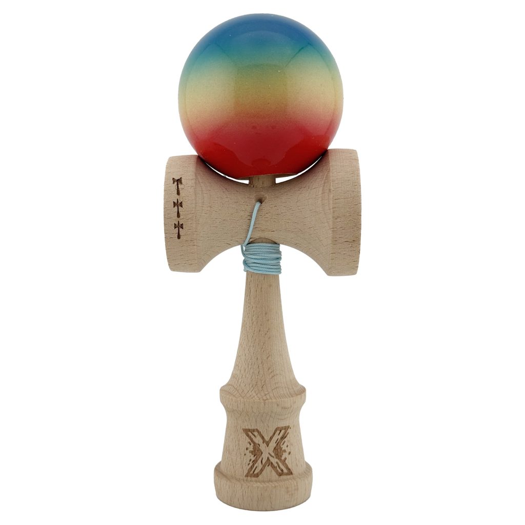 Kendama X Originala, Profesionala, Flippy, Big Cups V2, Super Sticky Cupe Mari, Rulment Metalic cu Ata 55 cm, Rosu/Galben/Albastru