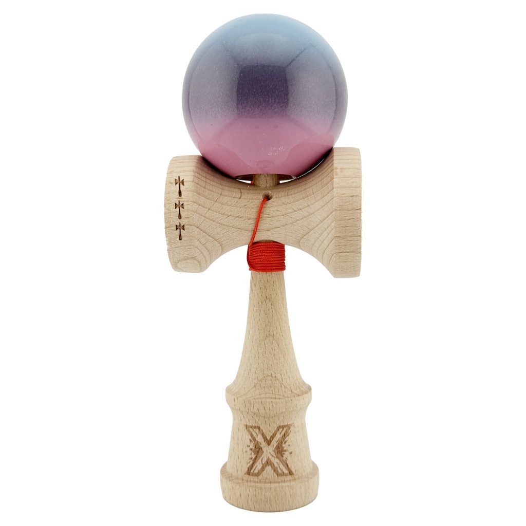 Kendama X Originala, Profesionala, Flippy, Big Cups V2, Super Sticky Cupe Mari, Rulment Metalic cu Ata 55 cm, Albastru Deschis/Mov/Roz