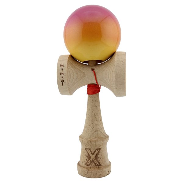 Kendama X Originala, Profesionala, Flippy, Big Cups V2, Super Sticky Cupe Mari, Rulment Metalic cu Ata 55 cm, Roz/Portocaliu/Galben