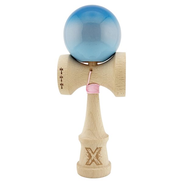 Kendama X Originala, Profesionala, Flippy, Big Cups V2, Super Sticky Cupe Mari, Rulment Metalic cu Ata 55 cm, Albastru/Gri/Bleu