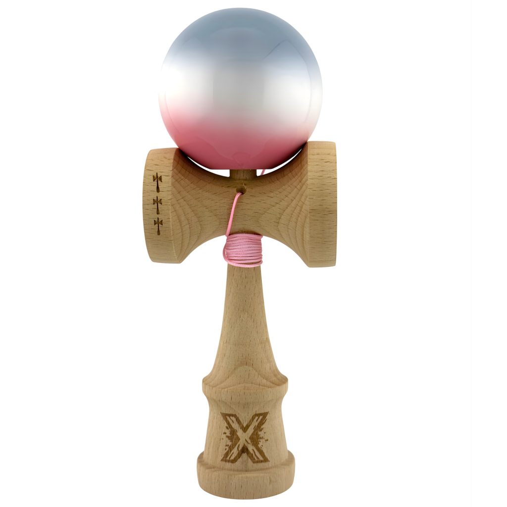 Kendama X Originala, Profesionala, Flippy, Big Cups V2, Super Sticky Cupe Mari, Rulment Metalic cu Ata 55 cm, Gradient Roz/Alb/Gri