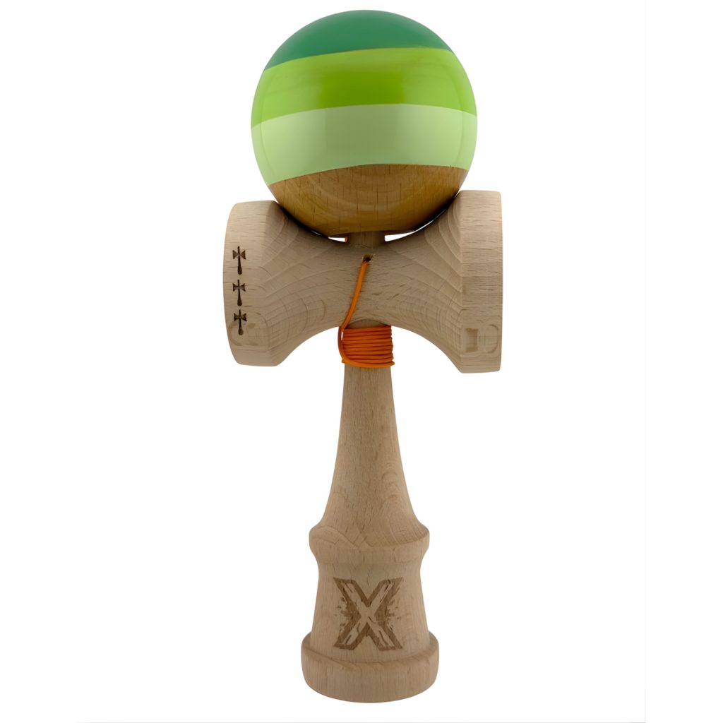 Kendama X Originala, Profesionala, Flippy, Big Cups V2, Super Sticky Legendary Cupe Mari, Rulment Metalic cu Ata 55 cm, Verde Mix