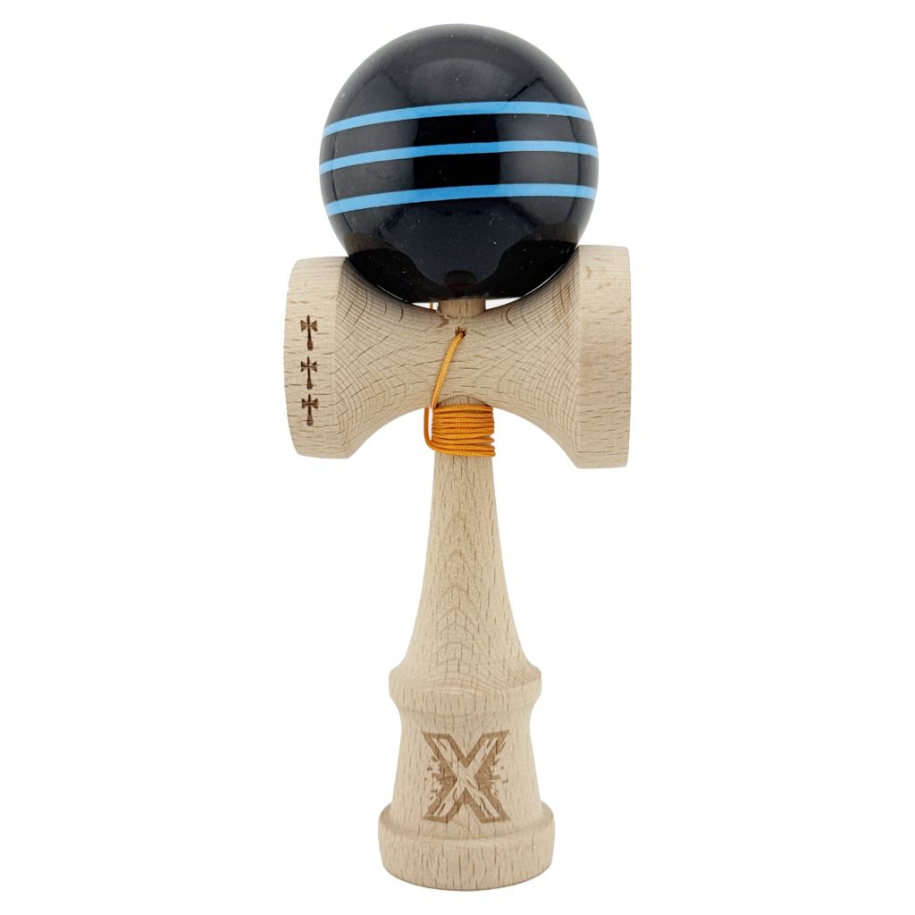 Kendama X Originala, Profesionala, Flippy, Big Cups V2, Super Sticky Legendary Cupe Mari, Rulment Metalic cu Ata 55 cm, Negru/Linii Albastre deschise