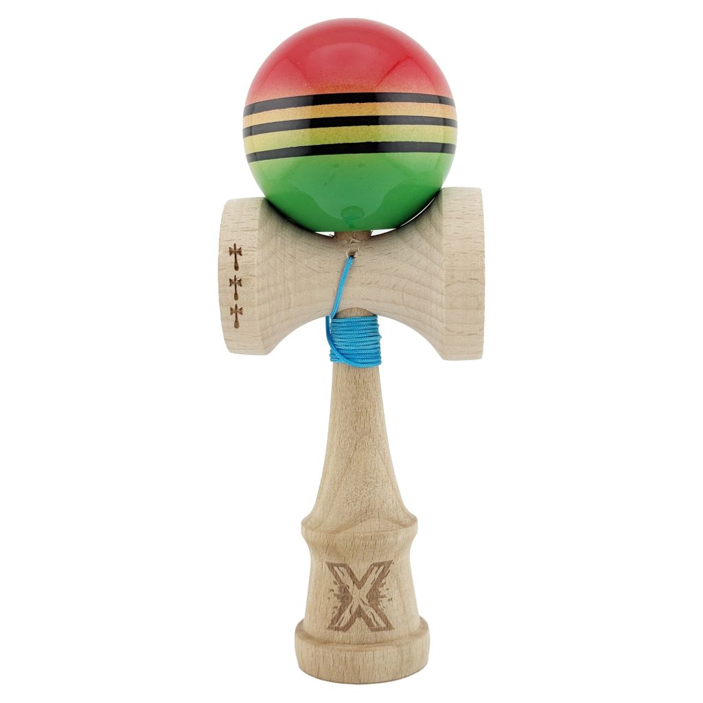 Kendama X Originala, Profesionala, Flippy, Big Cups V2, Super Sticky Legendary Cupe Mari, Rulment Metalic cu Ata 55 cm, Rosu/Galben/Verde